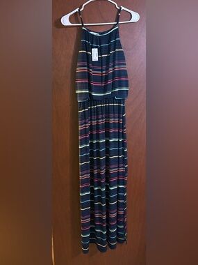 Maurices Navy Dress with Teal, Yellow and Pink Stripes